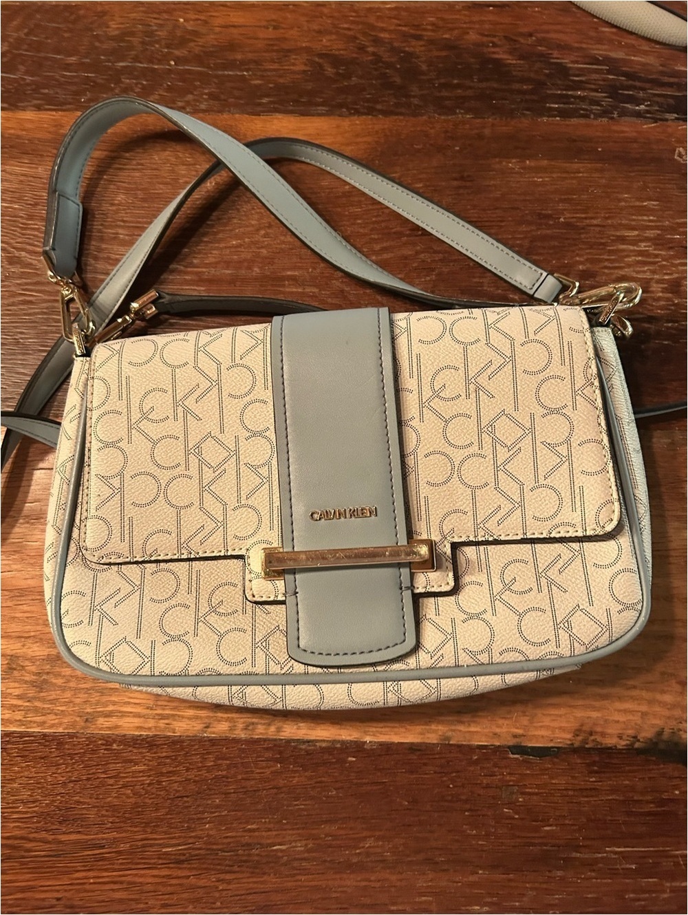 Calvin Klein Beige Monogram Crossbody with Light Blue Trim and Gold Hardware